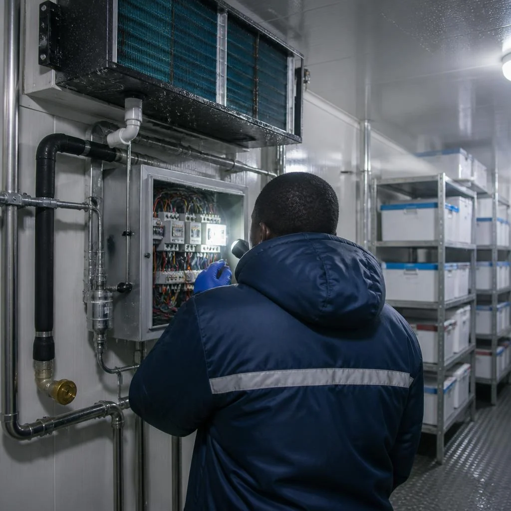Technician checking cold-chain refrigeration