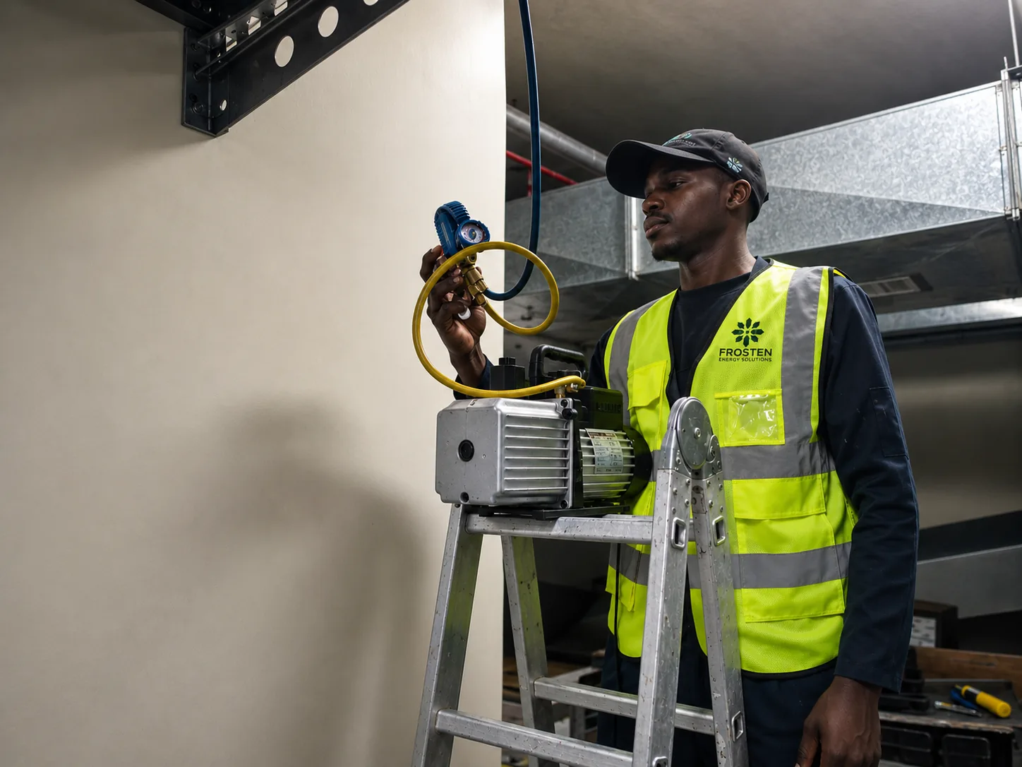 Frosten technician performing vacuum evacuation of refrigerant lines with a manifold gauge