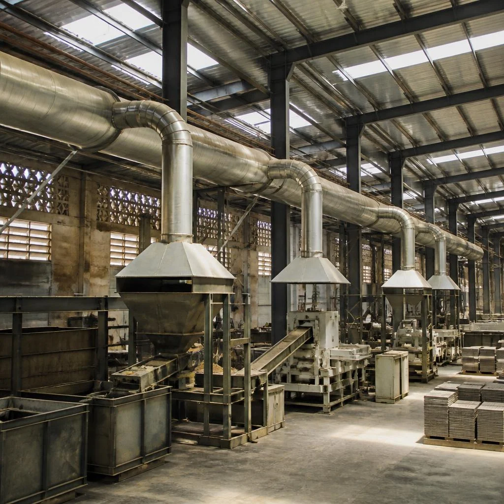 Industrial extract ducting on a manufacturing floor