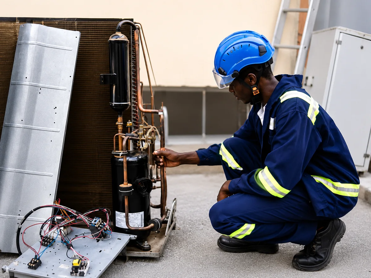 Technician inspecting a compressor and refrigerant pipework during a maintenance visit